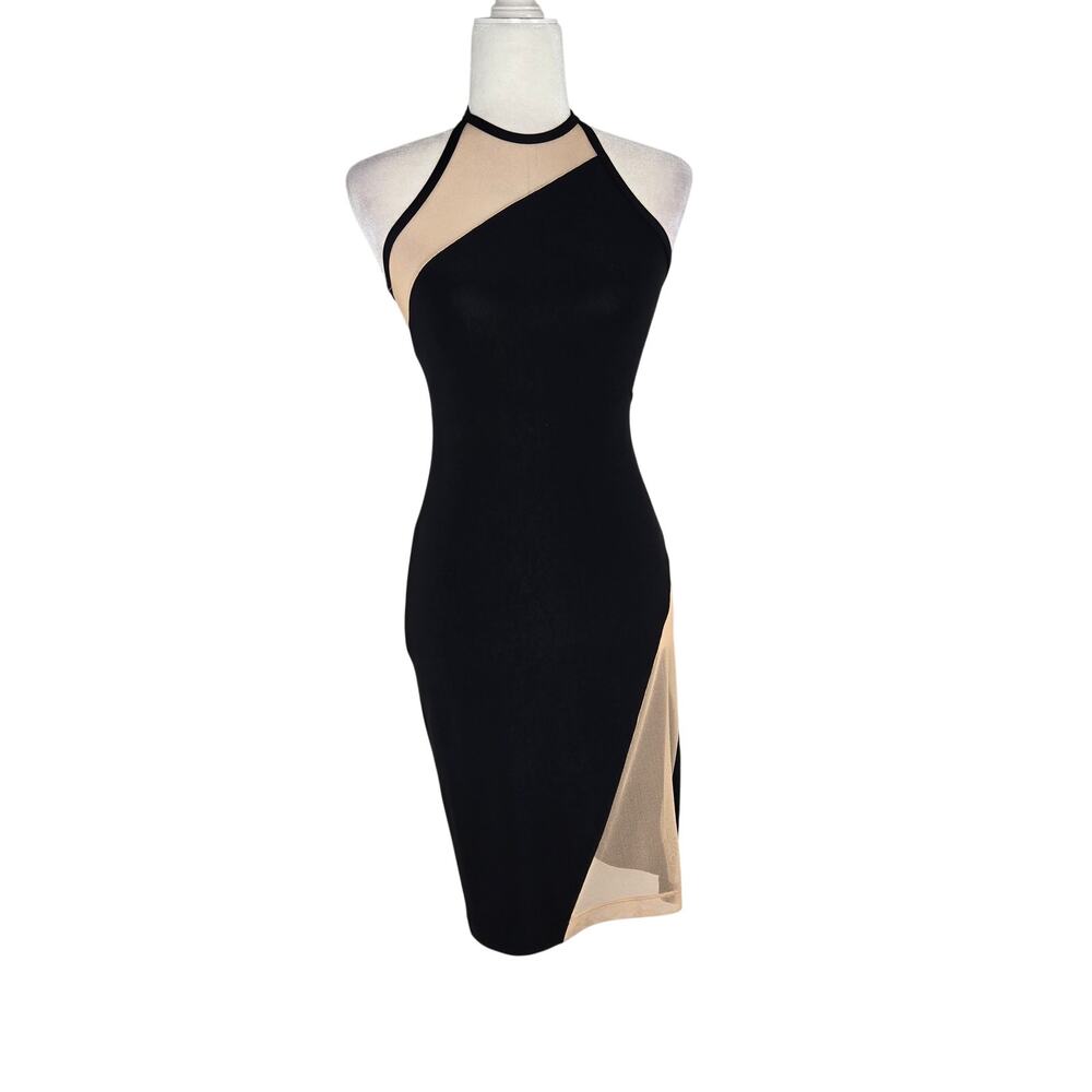 Bebe NWT bodycon halter mesh stretchy dress Medium black nude